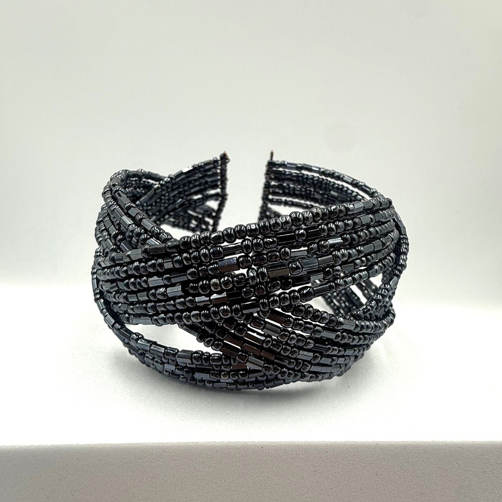 Boho Black Seed Bead Multi Strand Wide Cuff Bracelet Statement Jewelry